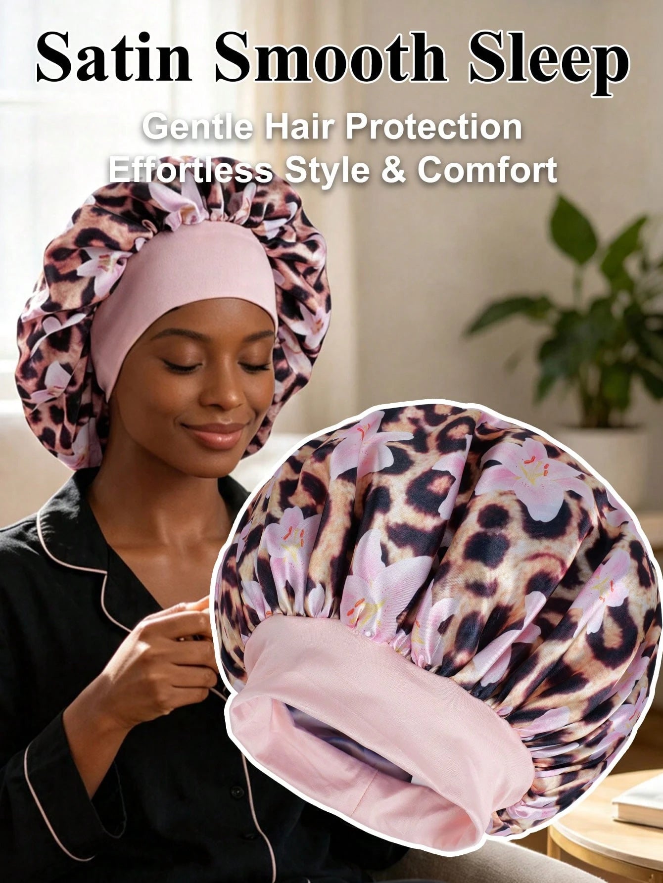 Leopard & Floral Print Satin Wide Band Bonnet, Silky Hair Sleep Cap For Natural Hair, Curly Hair, Braids, Night Turban Head Wrap