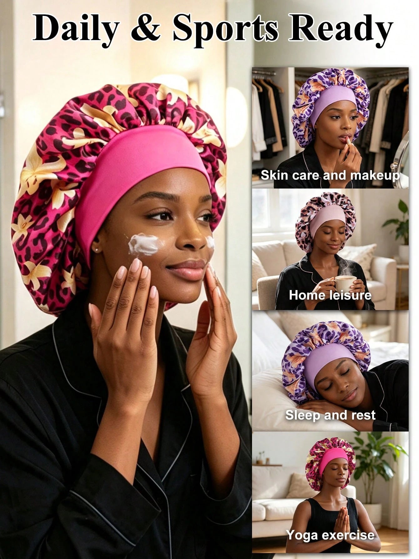 Leopard & Floral Print Satin Wide Band Bonnet, Silky Hair Sleep Cap For Natural Hair, Curly Hair, Braids, Night Turban Head Wrap