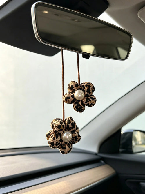 Leopard Print Floral Car Rearview Mirror Hanging Ornament, Personalized Car Interior Decoration Pendant For Women