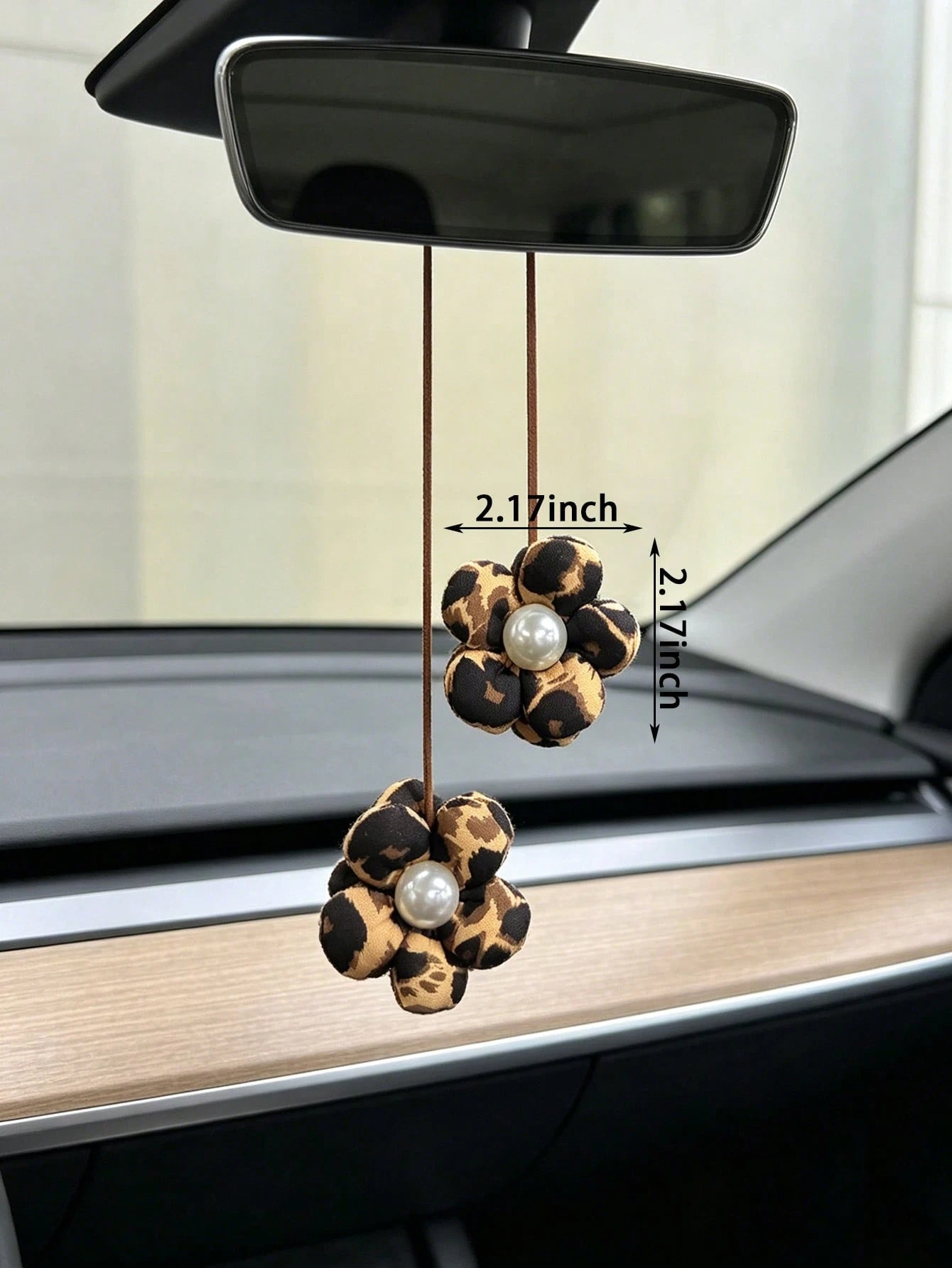 Leopard Print Floral Car Rearview Mirror Hanging Ornament, Personalized Car Interior Decoration Pendant For Women