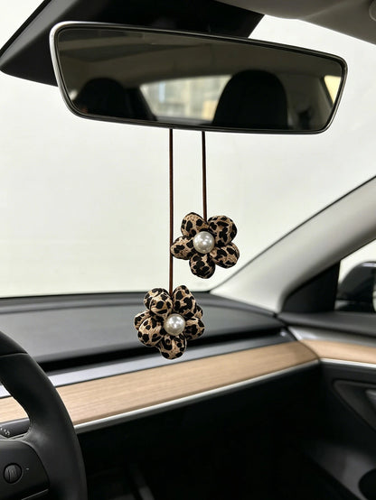 Leopard Print Floral Car Rearview Mirror Hanging Ornament, Personalized Car Interior Decoration Pendant For Women