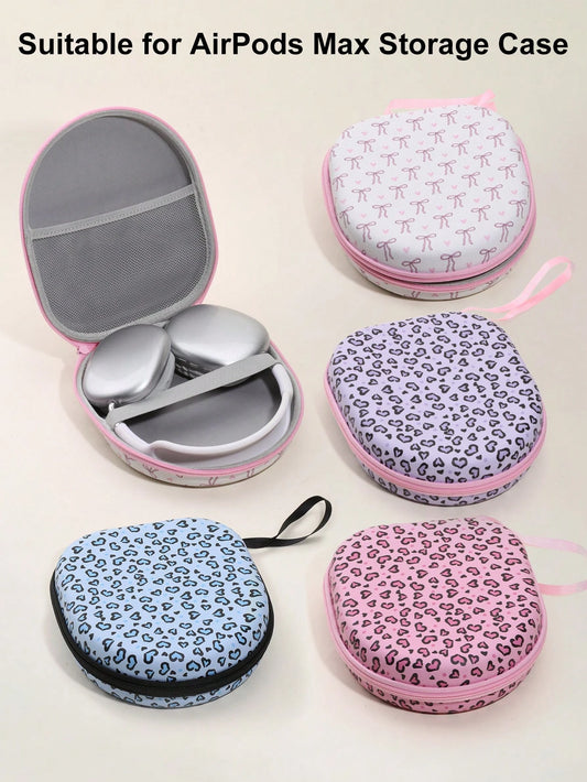 Leopard Print Pink Earphone Storage Bag & Protective Case, Hard Shell Storage Box With Soft Lining, Mesh Pocket, Portable Travel Storage Box, Compatible With Apple Earphones
