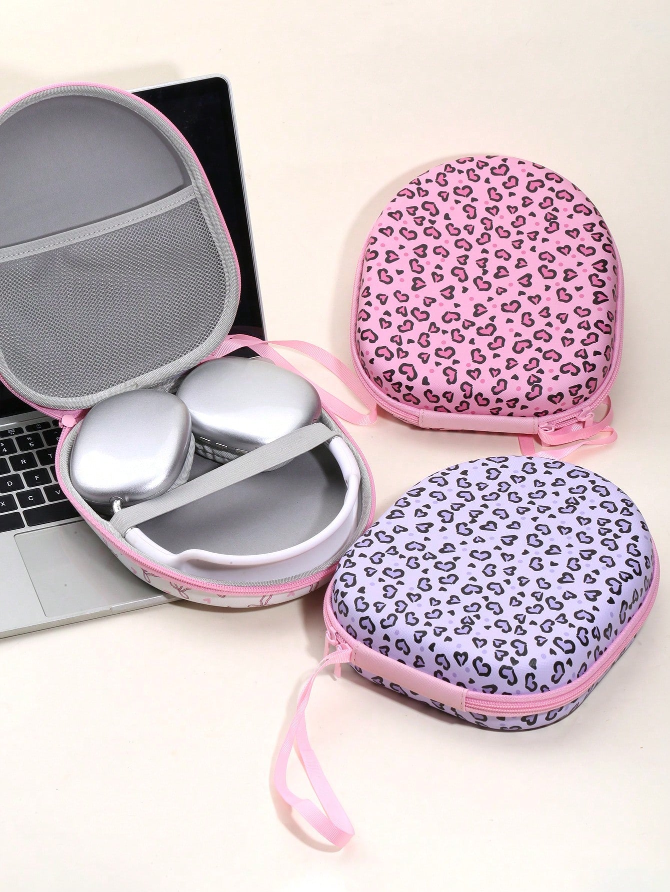 Leopard Print Pink Earphone Storage Bag & Protective Case, Hard Shell Storage Box With Soft Lining, Mesh Pocket, Portable Travel Storage Box, Compatible With Apple Earphones