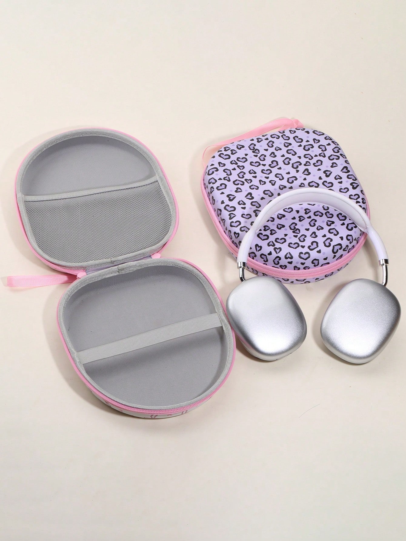 Leopard Print Pink Earphone Storage Bag & Protective Case, Hard Shell Storage Box With Soft Lining, Mesh Pocket, Portable Travel Storage Box, Compatible With Apple Earphones