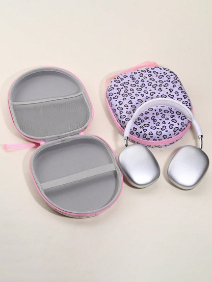 Leopard Print Pink Earphone Storage Bag & Protective Case, Hard Shell Storage Box With Soft Lining, Mesh Pocket, Portable Travel Storage Box, Compatible With Apple Earphones