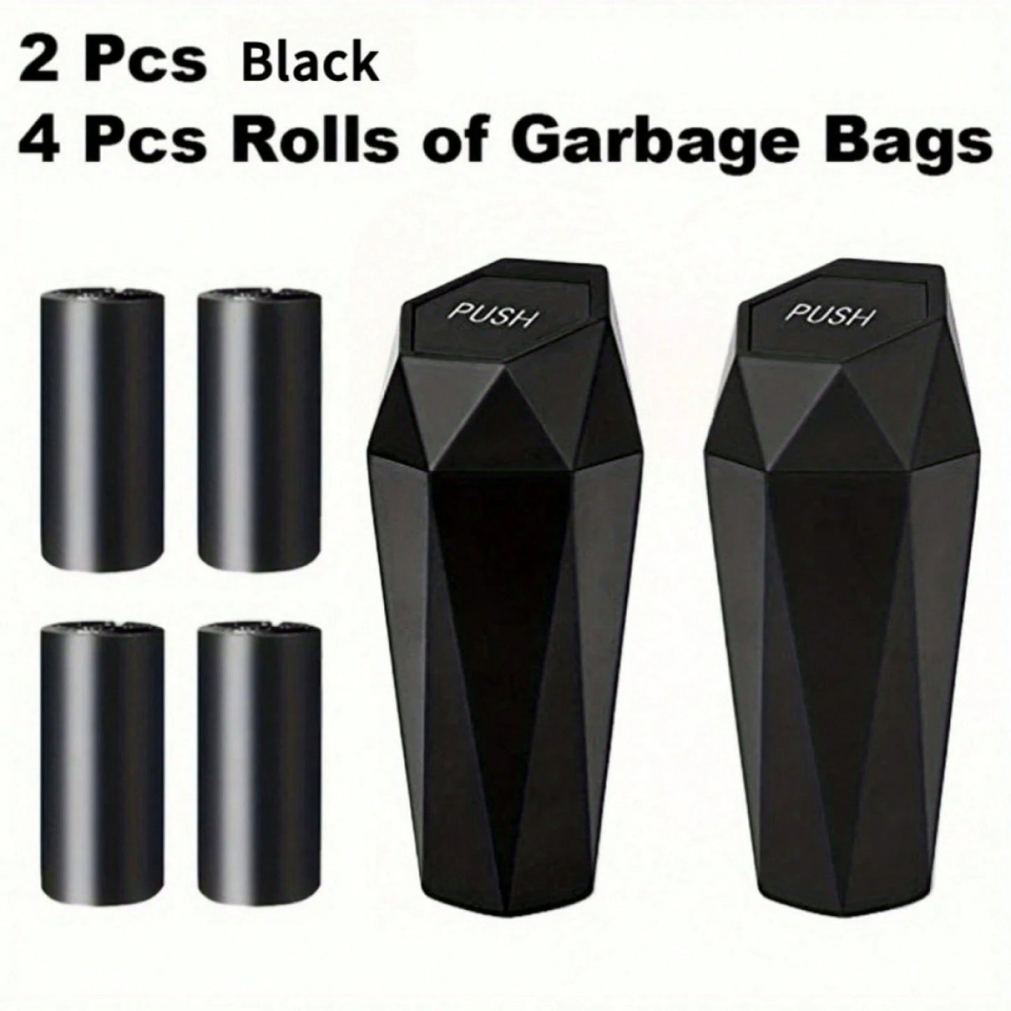 Let's Break It Down.2 Cans + 4 Rolls = 60 Bags.That's The Equation For A Cleaner Car.Creative Mini Diamond Car Trash Can Set- One-Button, Stylish, Fits Cars, Trucks & SUVs.