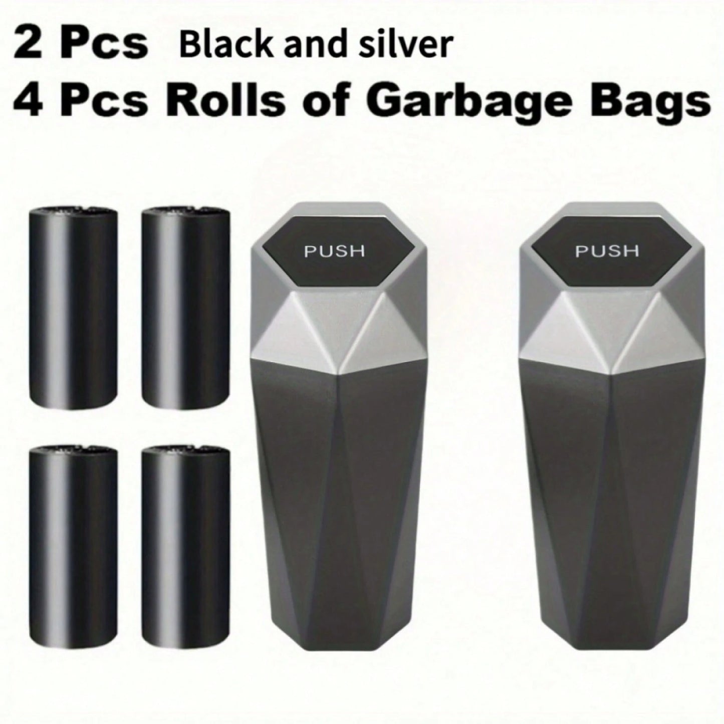 Let's Break It Down.2 Cans + 4 Rolls = 60 Bags.That's The Equation For A Cleaner Car.Creative Mini Diamond Car Trash Can Set- One-Button, Stylish, Fits Cars, Trucks & SUVs.