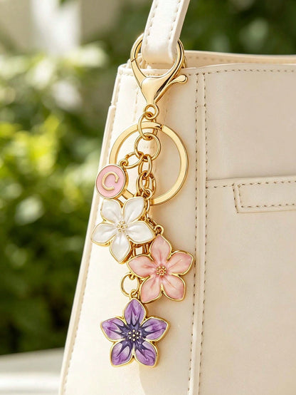 Letter And Floral Style Keychain, A-Z Design, Floral Bag Charm, Elegant Letter Pendant, Cherry Blossom Keychain, Enamel Keychain, Car Accessory, Fashion Jewelry, Suitable For Keychains, Bags, Wallets