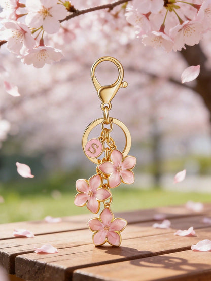 Letter And Floral Style Keychain, A-Z Design, Floral Bag Charm, Elegant Letter Pendant, Cherry Blossom Keychain, Enamel Keychain, Car Accessory, Fashion Jewelry, Suitable For Keychains, Bags, Wallets