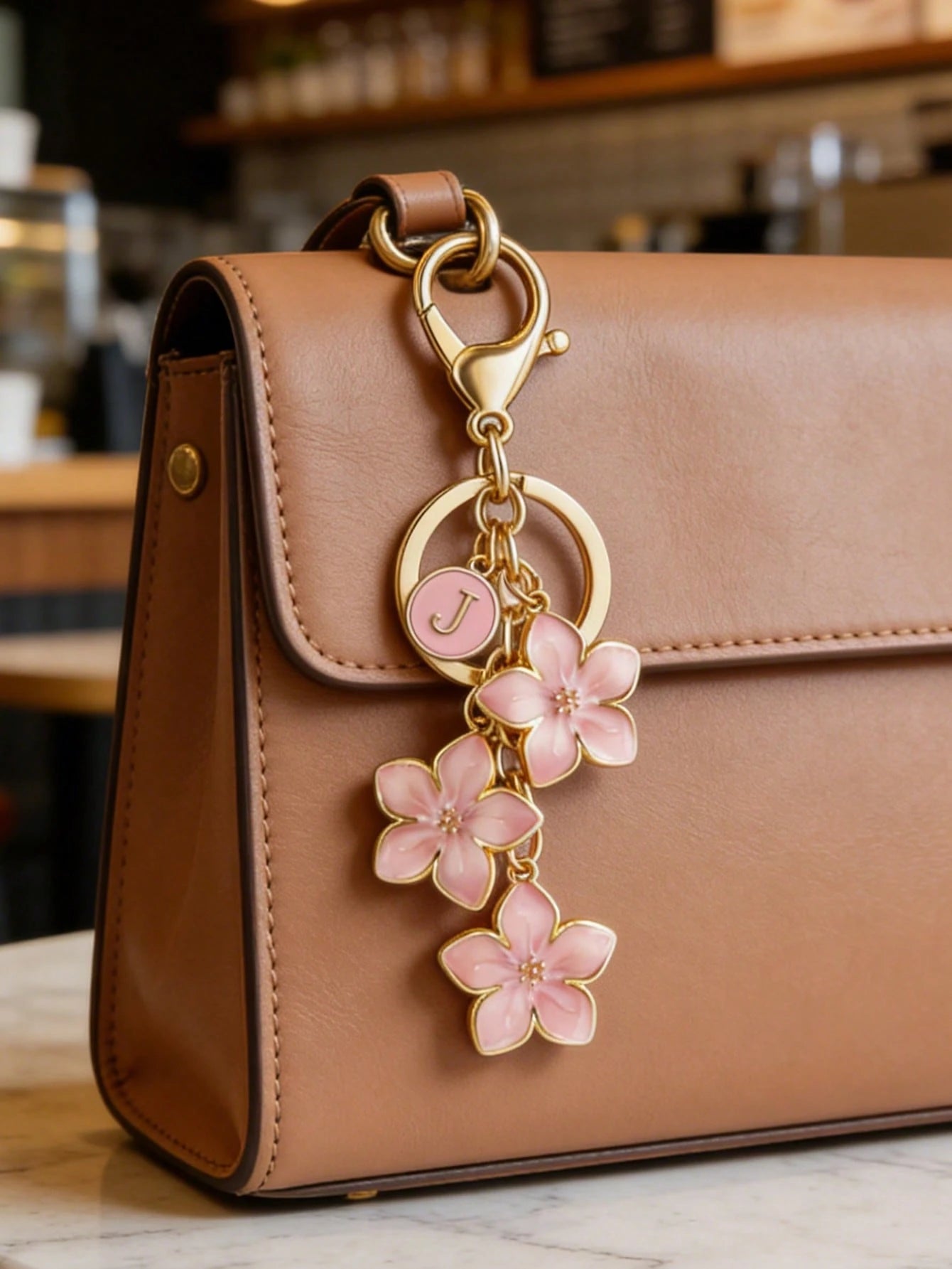 Letter And Floral Style Keychain, A-Z Design, Floral Bag Charm, Elegant Letter Pendant, Cherry Blossom Keychain, Enamel Keychain, Car Accessory, Fashion Jewelry, Suitable For Keychains, Bags, Wallets