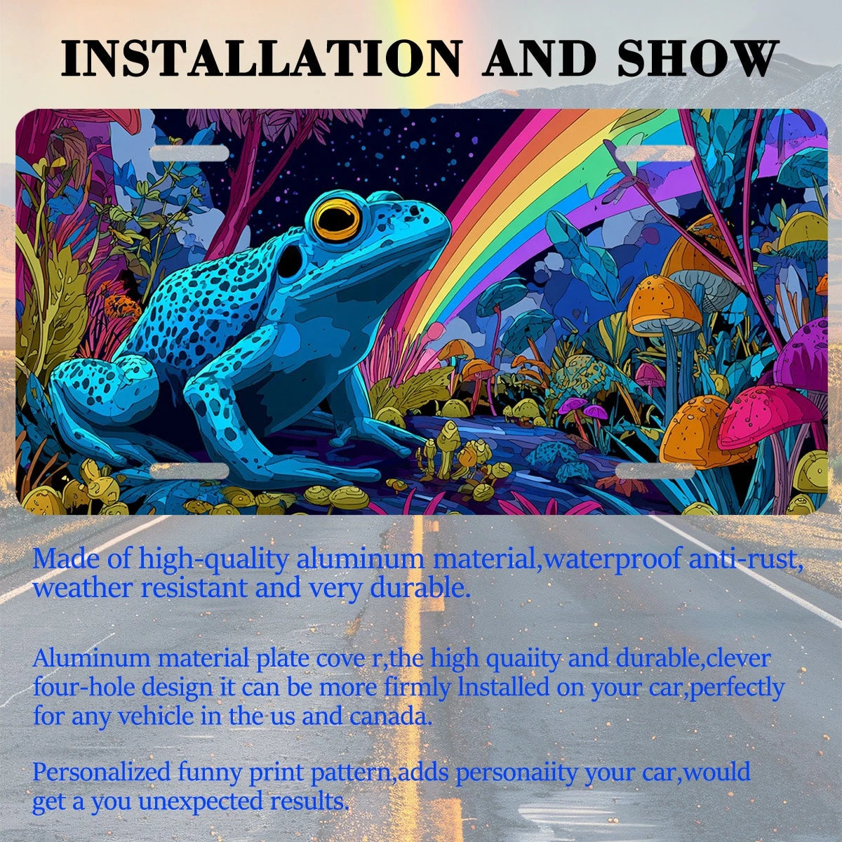 License Plates, Blue Frog In A Colorful Personalized Front Plates License Rust-Proof Stainless Steel Car License Plate Cover Vanity Car Tags For Men Women,12.2" X 6.2"