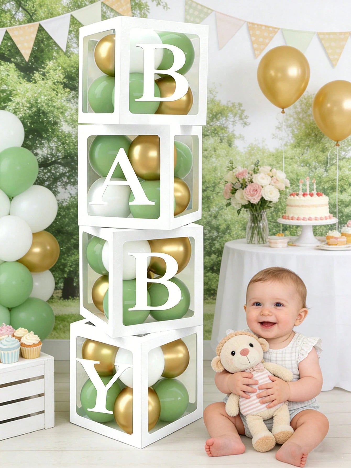 Light Green Balloon Decoration Box Suitable For Baby Boys And Girls, Includes "BABY" Letters And 30 Green, White, And Gold Balloons, Perfect For Jungle Adventure Animal Theme Birthday Parties, Proms A