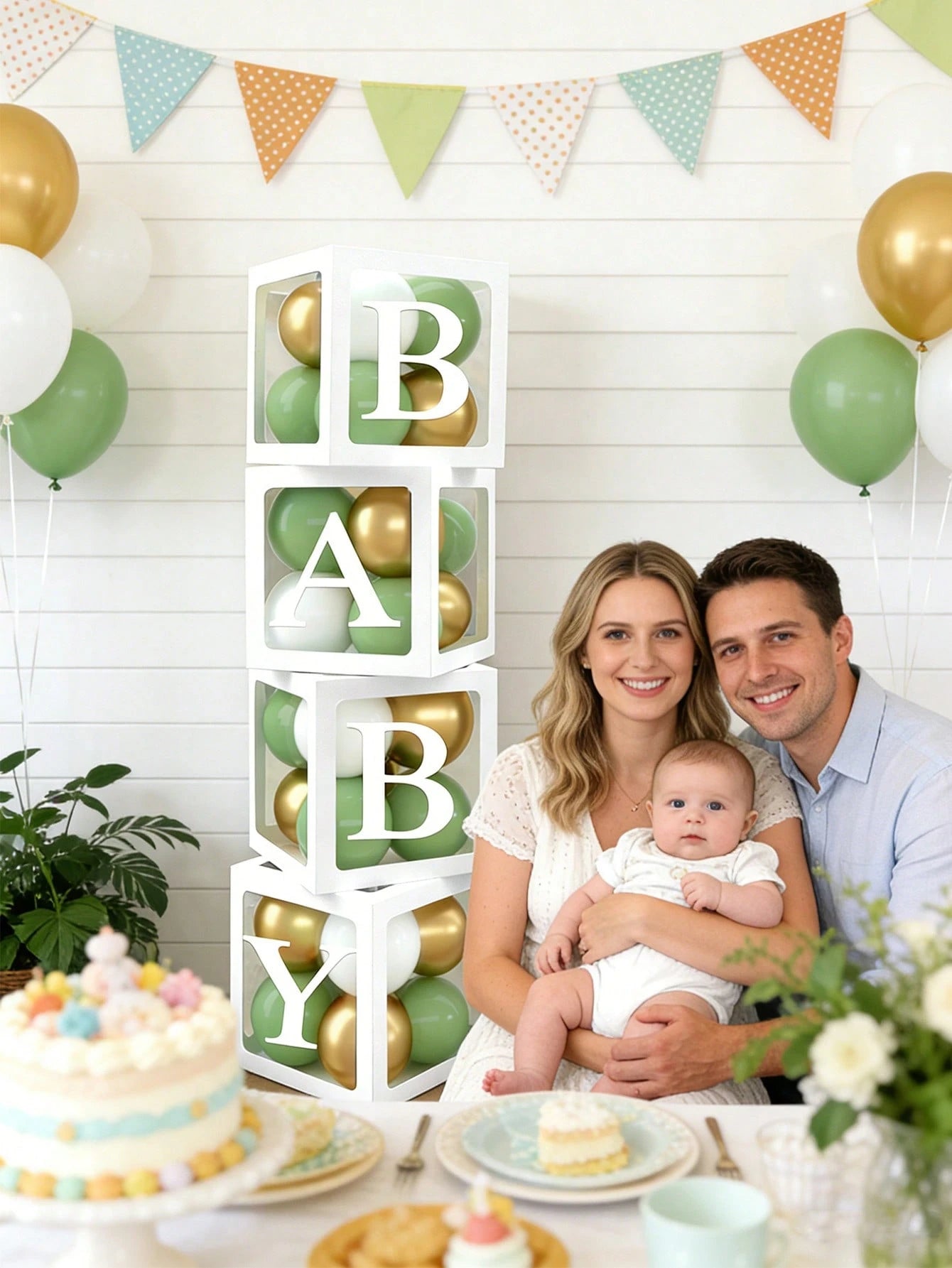 Light Green Balloon Decoration Box Suitable For Baby Boys And Girls, Includes "BABY" Letters And 30 Green, White, And Gold Balloons, Perfect For Jungle Adventure Animal Theme Birthday Parties, Proms A
