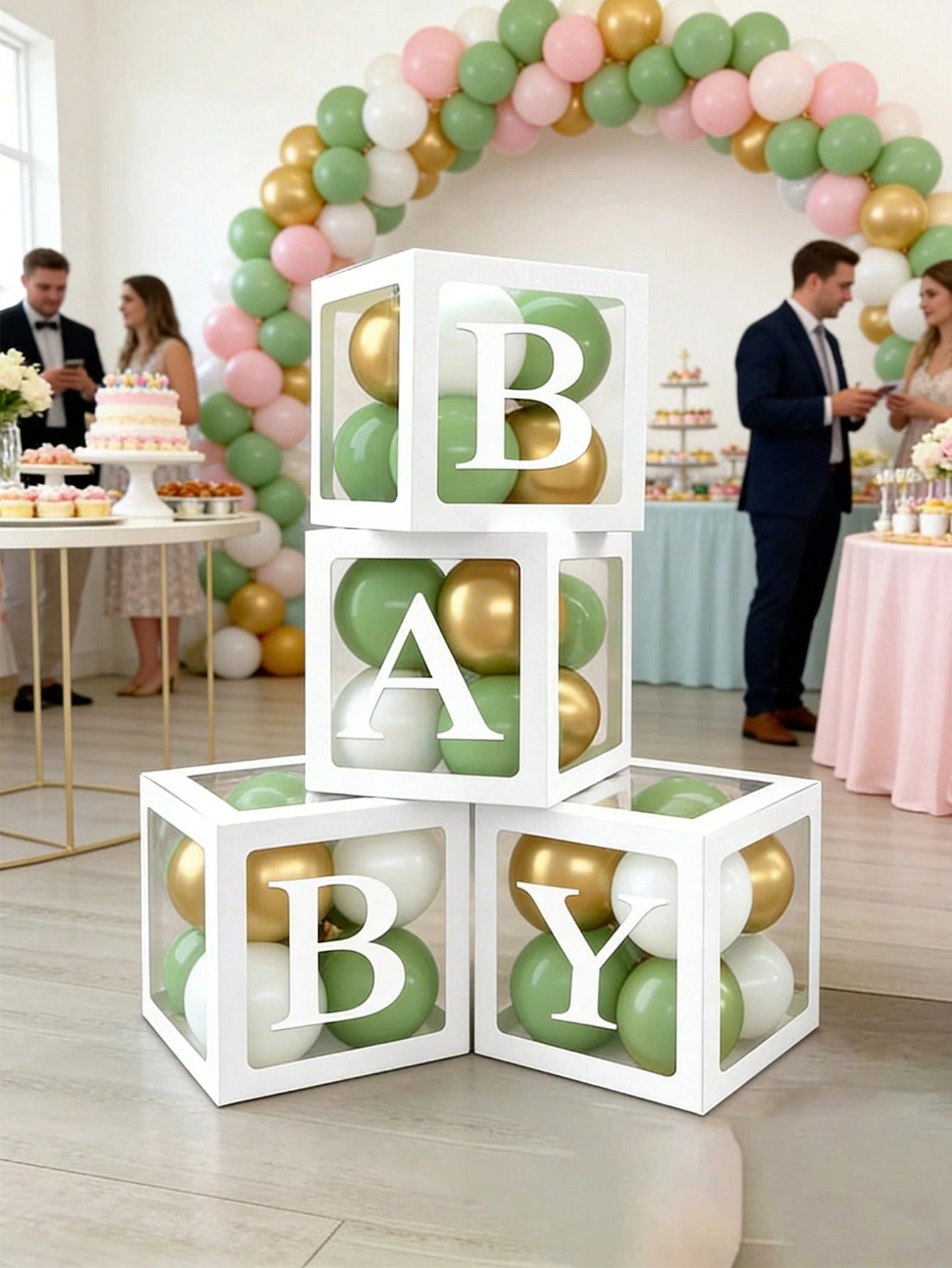 Light Green Balloon Decoration Box Suitable For Baby Boys And Girls, Includes "BABY" Letters And 30 Green, White, And Gold Balloons, Perfect For Jungle Adventure Animal Theme Birthday Parties, Proms A