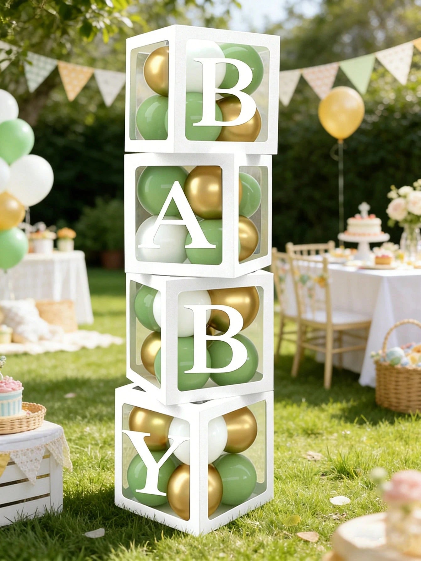 Light Green Balloon Decoration Box Suitable For Baby Boys And Girls, Includes "BABY" Letters And 30 Green, White, And Gold Balloons, Perfect For Jungle Adventure Animal Theme Birthday Parties, Proms A