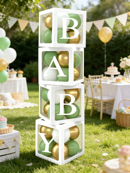 Light Green Balloon Decoration Box Suitable For Baby Boys And Girls, Includes "BABY" Letters And 30 Green, White, And Gold Balloons, Perfect For Jungle Adventure Animal Theme Birthday Parties, Proms A