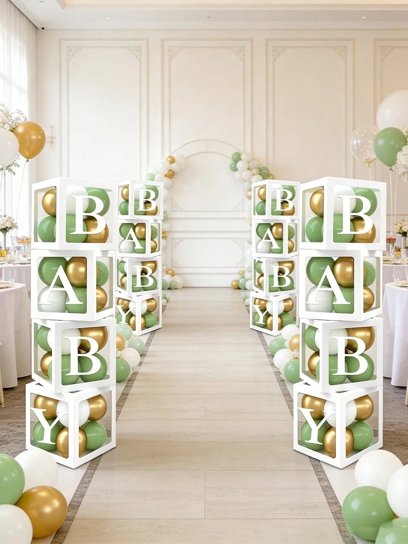 Light Green Balloon Decoration Box Suitable For Baby Boys And Girls, Includes "BABY" Letters And 30 Green, White, And Gold Balloons, Perfect For Jungle Adventure Animal Theme Birthday Parties, Proms A