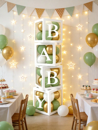 Light Green Balloon Decoration Box Suitable For Baby Boys And Girls, Includes "BABY" Letters And 30 Green, White, And Gold Balloons, Perfect For Jungle Adventure Animal Theme Birthday Parties, Proms A