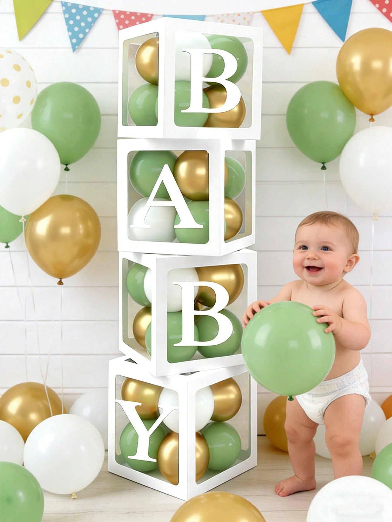 Light Green Balloon Decoration Box Suitable For Baby Boys And Girls, Includes "BABY" Letters And 30 Green, White, And Gold Balloons, Perfect For Jungle Adventure Animal Theme Birthday Parties, Proms A