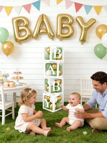 Light Green Balloon Decoration Box Suitable For Baby Boys And Girls, Includes "BABY" Letters And 30 Green, White, And Gold Balloons, Perfect For Jungle Adventure Animal Theme Birthday Parties, Proms A