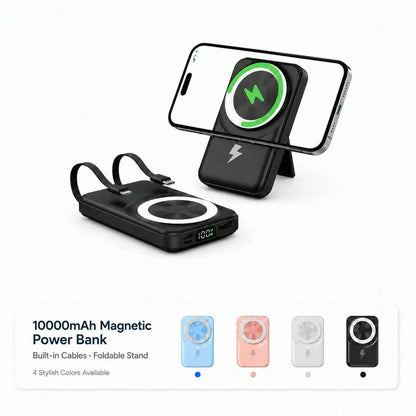 Lightweight 10000mAh MagSafe Battery Pack With Foldable Stand, Built-In Dual Charging Wires 15W Wireless Charging 22.5W Wired Fast Charging LED Indicator, Travel Essentials Camping Essentials Back To