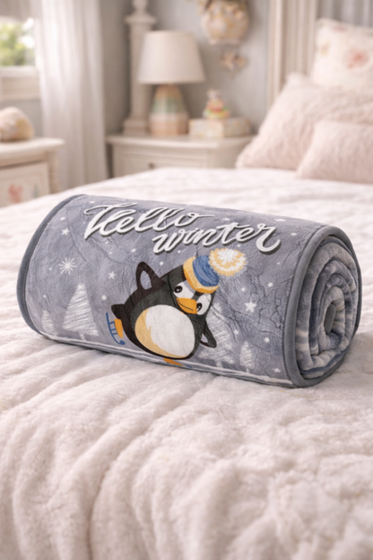 Lightweight Soft Plush Velvet Fleece 2 way Printed Blanket for 1 -7 Year Olds - Hello Winter