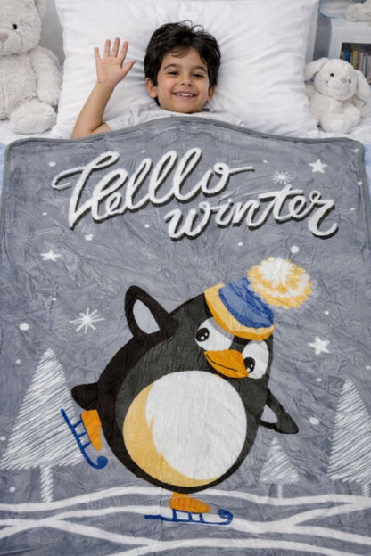 Lightweight Soft Plush Velvet Fleece 2 way Printed Blanket for 1 -7 Year Olds - Hello Winter