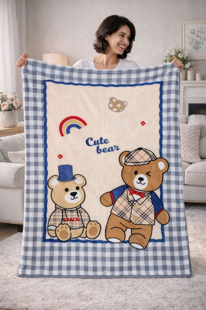 Lightweight Soft Plush Velvet Fleece 2 way Printed Blanket for 1 -7 Year Olds - Cute Bear