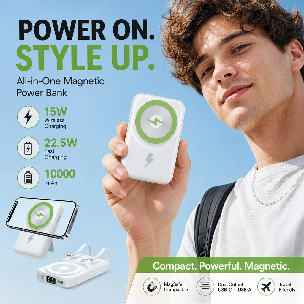Lightweight White 10000mAh Magnetic Power Bank With 15W Wireless And 22.5W Fast Charging, Featuring A Digital Remaining-Power Display, Compact Body And Fold-Out Support For Travel Use, Made For Compat