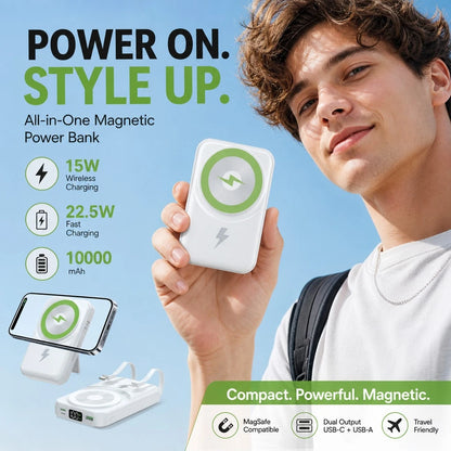 Lightweight White 10000mAh Magnetic Power Bank With 15W Wireless And 22.5W Fast Charging, Featuring A Digital Remaining-Power Display, Compact Body And Fold-Out Support For Travel Use, Made For Compat