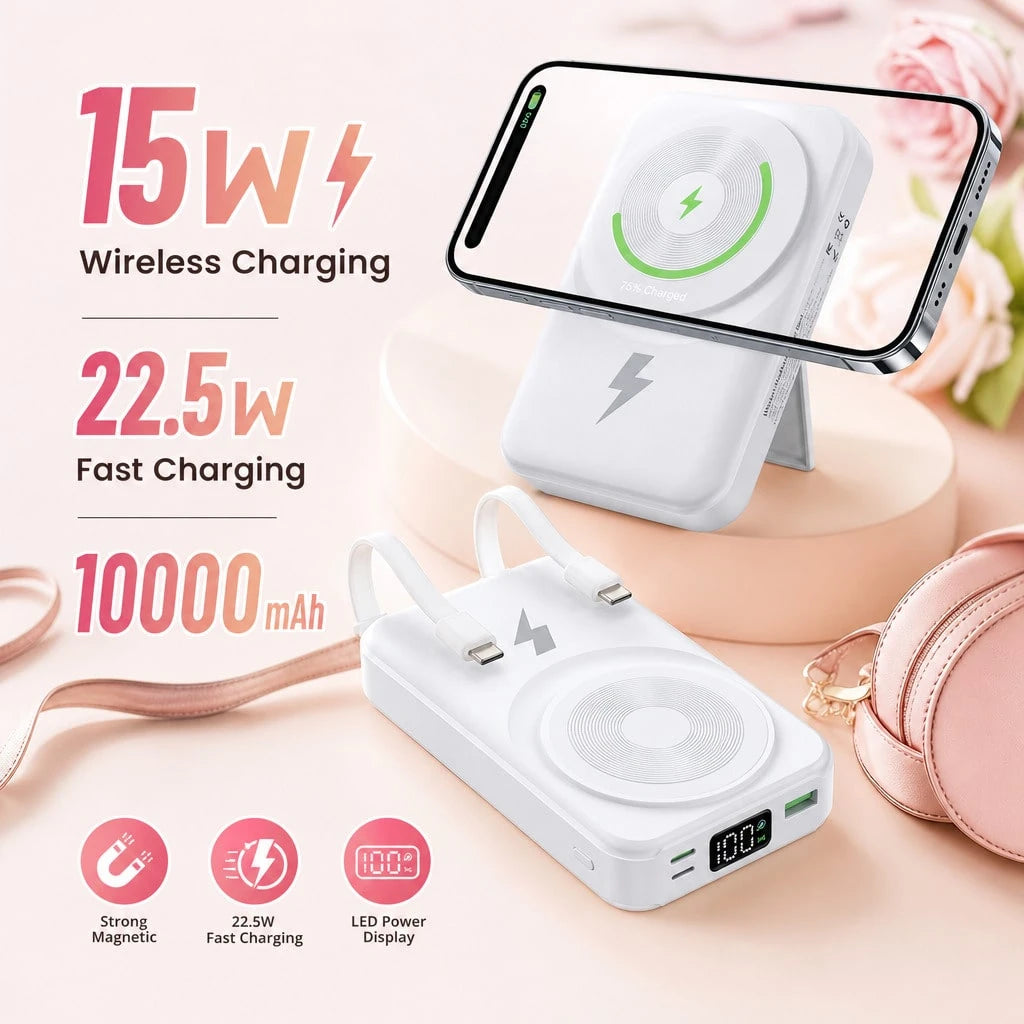 Lightweight White 10000mAh Magnetic Power Bank With 15W Wireless And 22.5W Fast Charging, Featuring An LED Power Readout, Slim White Shell And Rear Stand For Hands-Free Viewing, Designed For IPhone 16