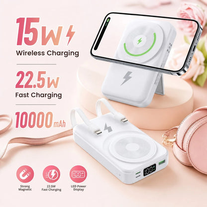 Lightweight White 10000mAh Magnetic Power Bank With 15W Wireless And 22.5W Fast Charging, Featuring An LED Power Readout, Slim White Shell And Rear Stand For Hands-Free Viewing, Designed For IPhone 16