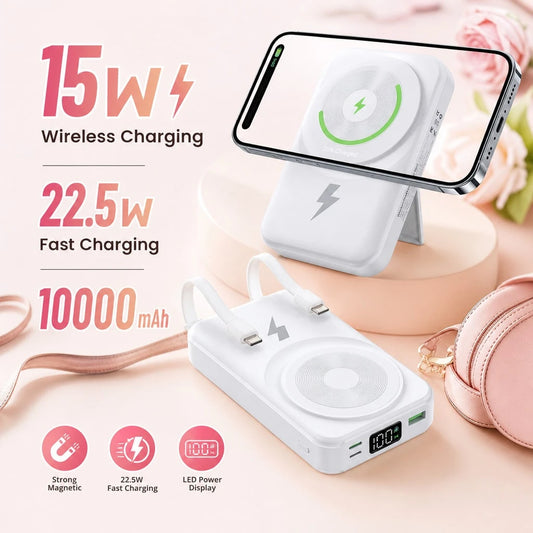 Lightweight White 10000mAh Magnetic Power Bank With 15W Wireless And 22.5W Fast Charging, Featuring An LED Power Readout, Slim White Shell And Rear Stand For Hands-Free Viewing, Designed For IPhone 16
