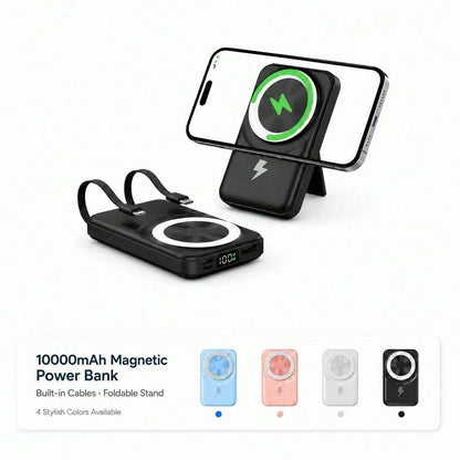 Lightweight White 10000mAh Magnetic Power Bank With 15W Wireless And 22.5W Fast Charging, Featuring A Digital Remaining-Power Display, Compact Body And Fold-Out Support For Travel Use, Made For Compat