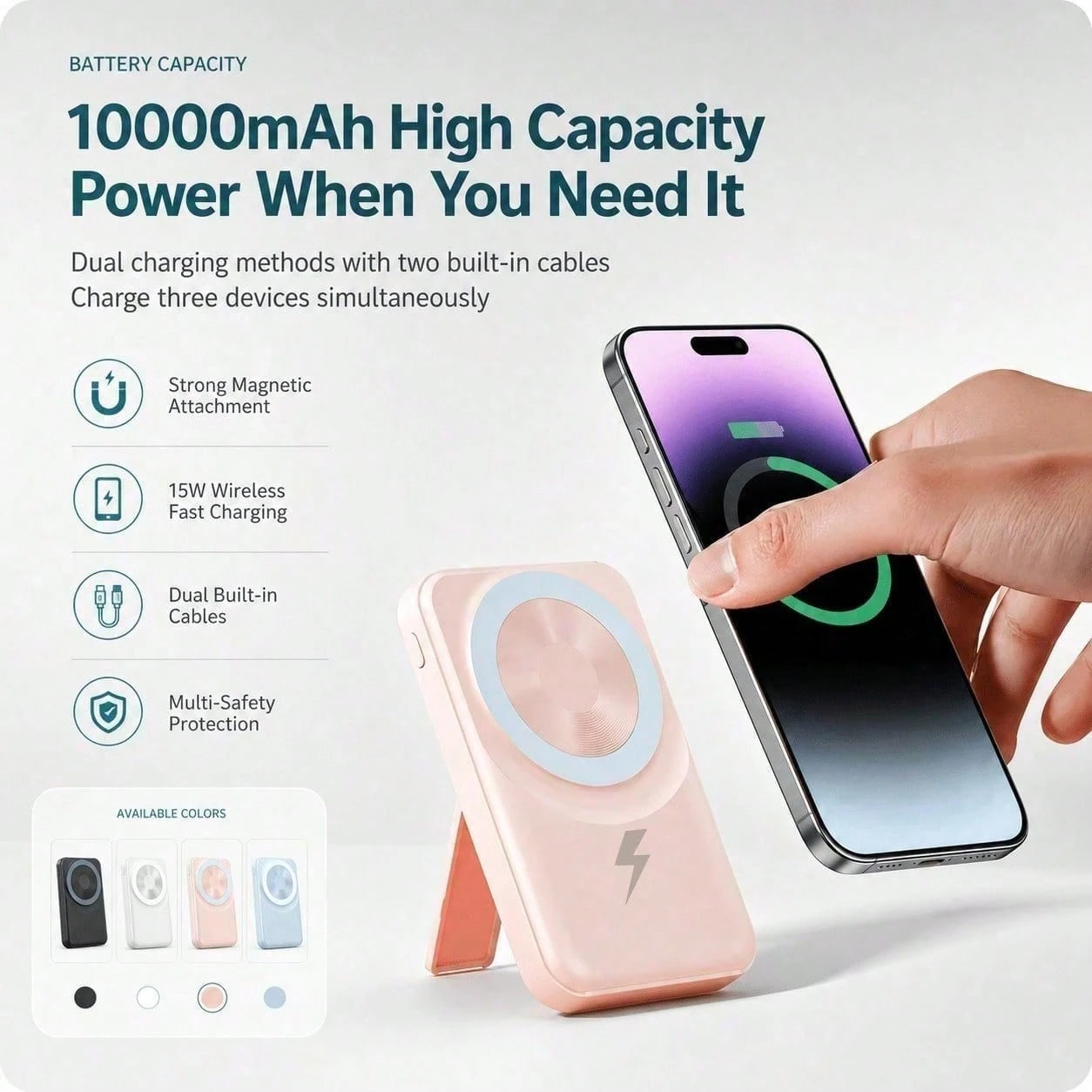 Lightweight White 10000mAh Magnetic Power Bank With 15W Wireless And 22.5W Fast Charging, Featuring A Digital Remaining-Power Display, Compact Body And Fold-Out Support For Travel Use, Made For Compat