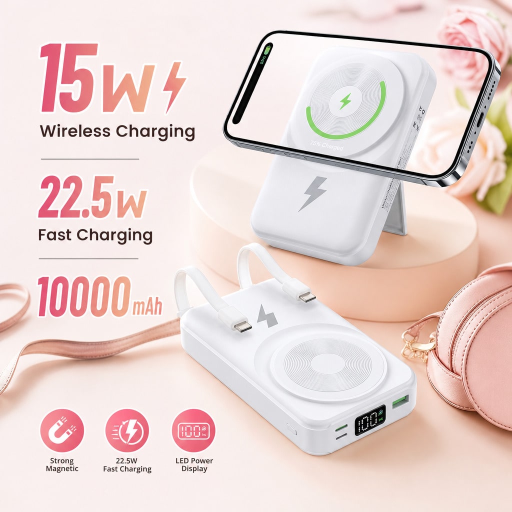 Lightweight White 10000mAh Magnetic Power Bank With 15W Wireless And 22.5W Fast Charging, Featuring An LED Power Readout, Slim White Shell And Rear Stand For Hands-Free Viewing, Designed For IPhone 16