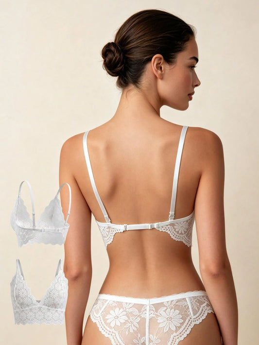 Lilivine A Women's Innerwear Piece With White Daisy Lace, Deep V & Beautiful Back, French Innocent-Seductive Ambience