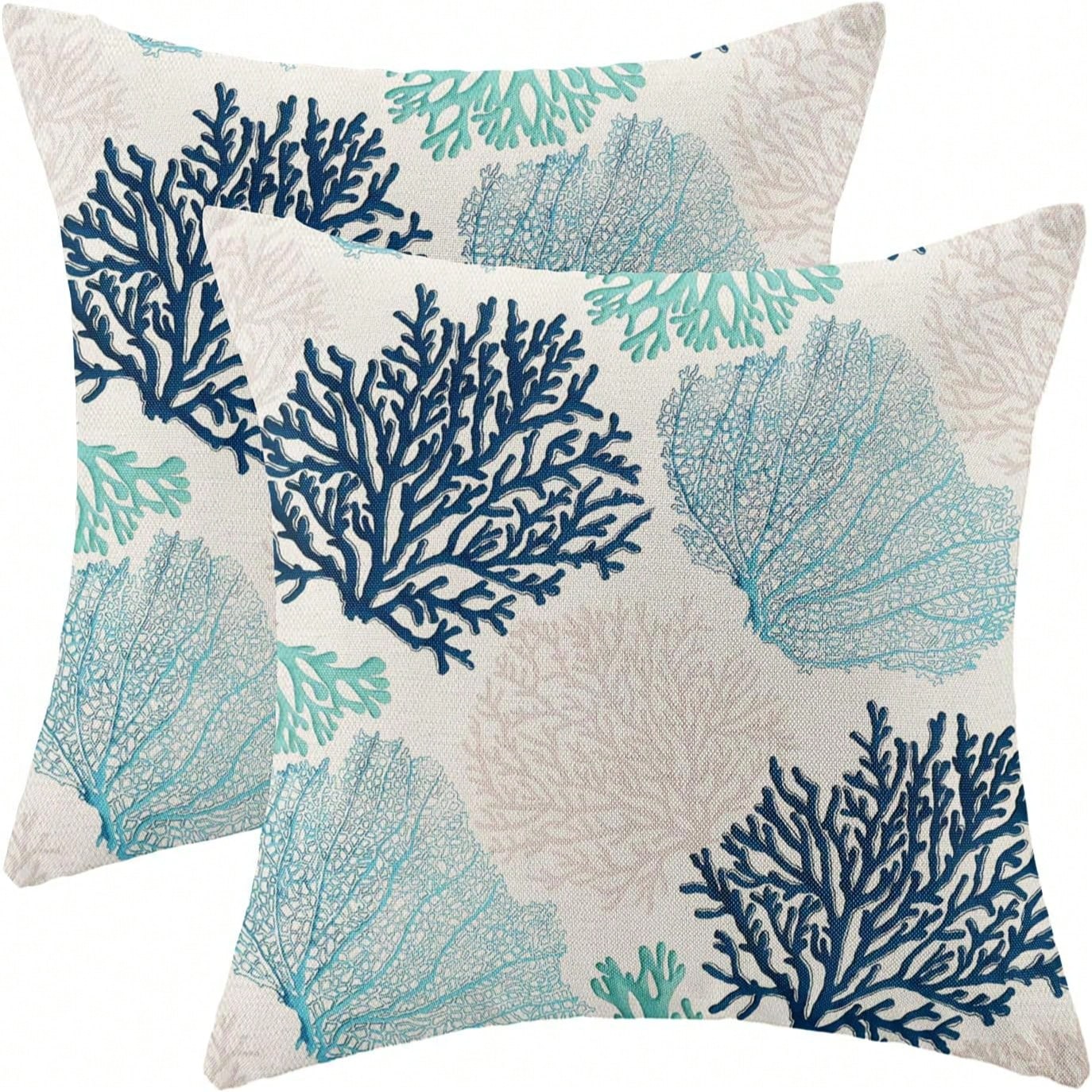 Linen Pillowcase, Coral Branch Ocean Theme Beach Turquoise Navy Blue Nautical Style Summer Cushion Cover, Suitable For Decorating Sofa, Living Room, Bedroom, Outdoor Balcony, Patio, Pillow Insert Not