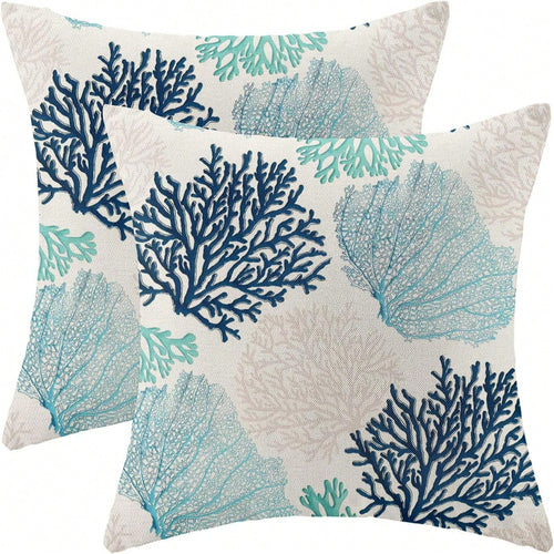 Linen Pillowcase, Coral Branch Ocean Theme Beach Turquoise Navy Blue Nautical Style Summer Cushion Cover, Suitable For Decorating Sofa, Living Room, Bedroom, Outdoor Balcony, Patio, Pillow Insert Not