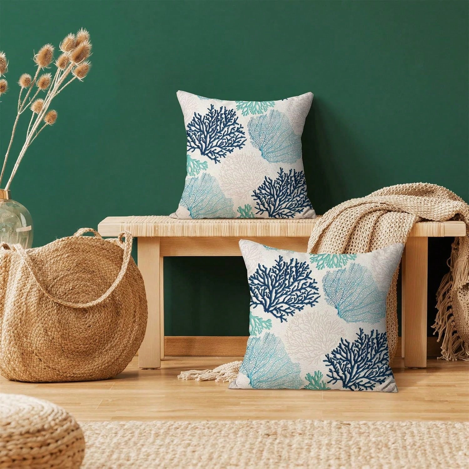 Linen Pillowcase, Coral Branch Ocean Theme Beach Turquoise Navy Blue Nautical Style Summer Cushion Cover, Suitable For Decorating Sofa, Living Room, Bedroom, Outdoor Balcony, Patio, Pillow Insert Not