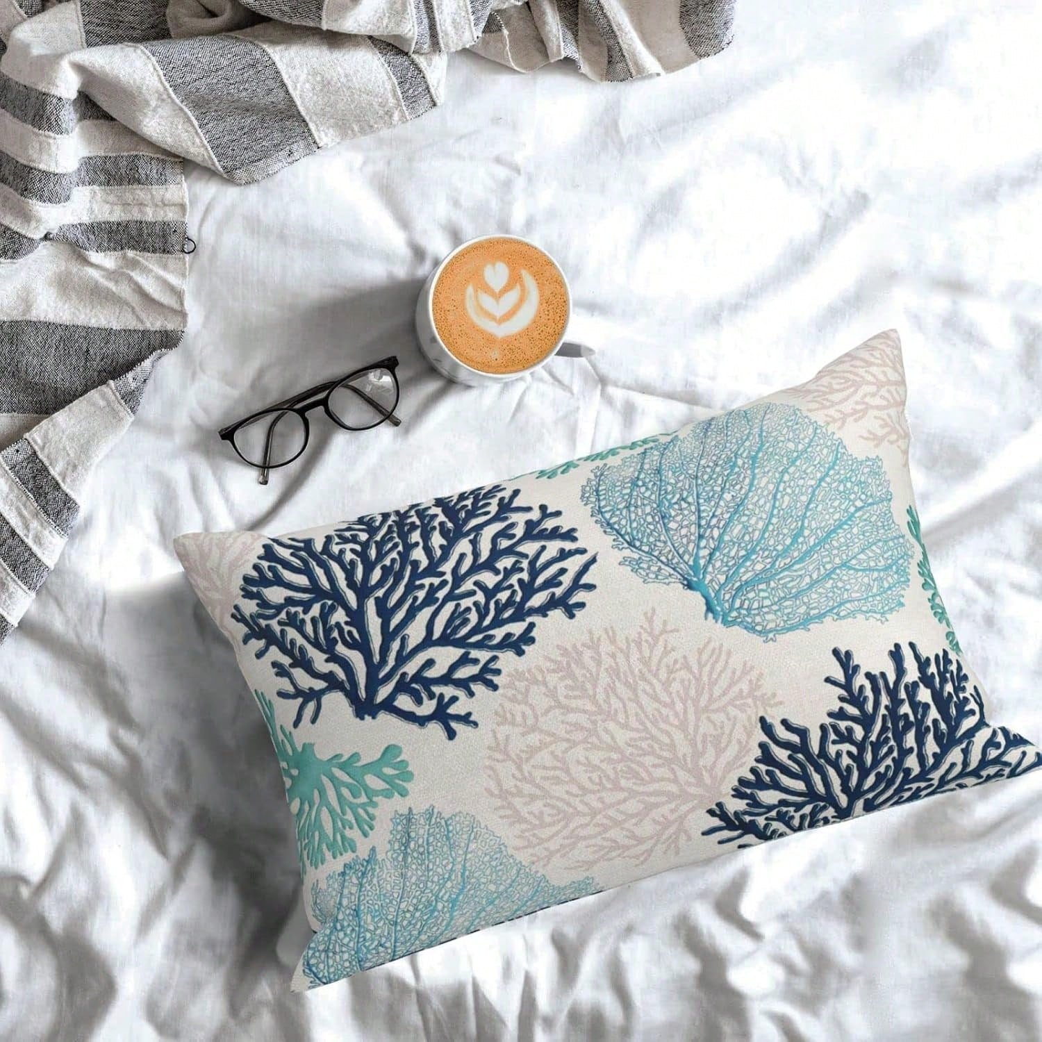 Linen Pillowcase, Coral Branch Ocean Theme Beach Turquoise Navy Blue Nautical Style Summer Cushion Cover, Suitable For Decorating Sofa, Living Room, Bedroom, Outdoor Balcony, Patio, Pillow Insert Not
