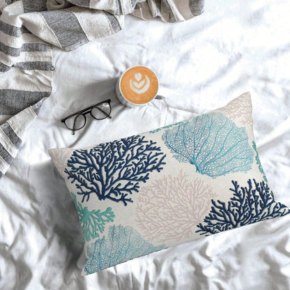 Linen Pillowcase, Coral Branch Ocean Theme Beach Turquoise Navy Blue Nautical Style Summer Cushion Cover, Suitable For Decorating Sofa, Living Room, Bedroom, Outdoor Balcony, Patio, Pillow Insert Not