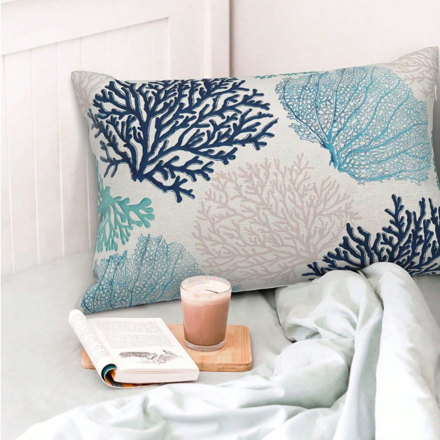 Linen Pillowcase, Coral Branch Ocean Theme Beach Turquoise Navy Blue Nautical Style Summer Cushion Cover, Suitable For Decorating Sofa, Living Room, Bedroom, Outdoor Balcony, Patio, Pillow Insert Not