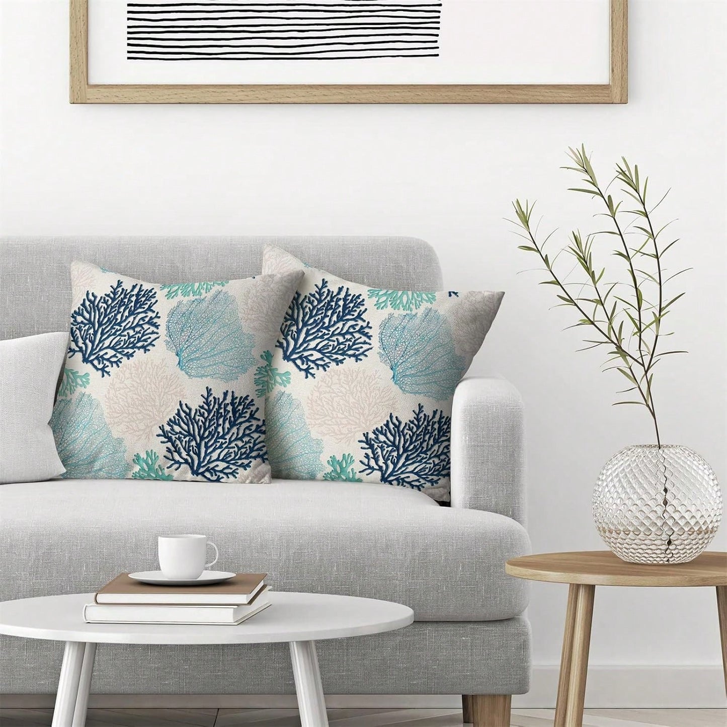 Linen Pillowcase, Coral Branch Ocean Theme Beach Turquoise Navy Blue Nautical Style Summer Cushion Cover, Suitable For Decorating Sofa, Living Room, Bedroom, Outdoor Balcony, Patio, Pillow Insert Not