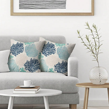 Linen Pillowcase, Coral Branch Ocean Theme Beach Turquoise Navy Blue Nautical Style Summer Cushion Cover, Suitable For Decorating Sofa, Living Room, Bedroom, Outdoor Balcony, Patio, Pillow Insert Not