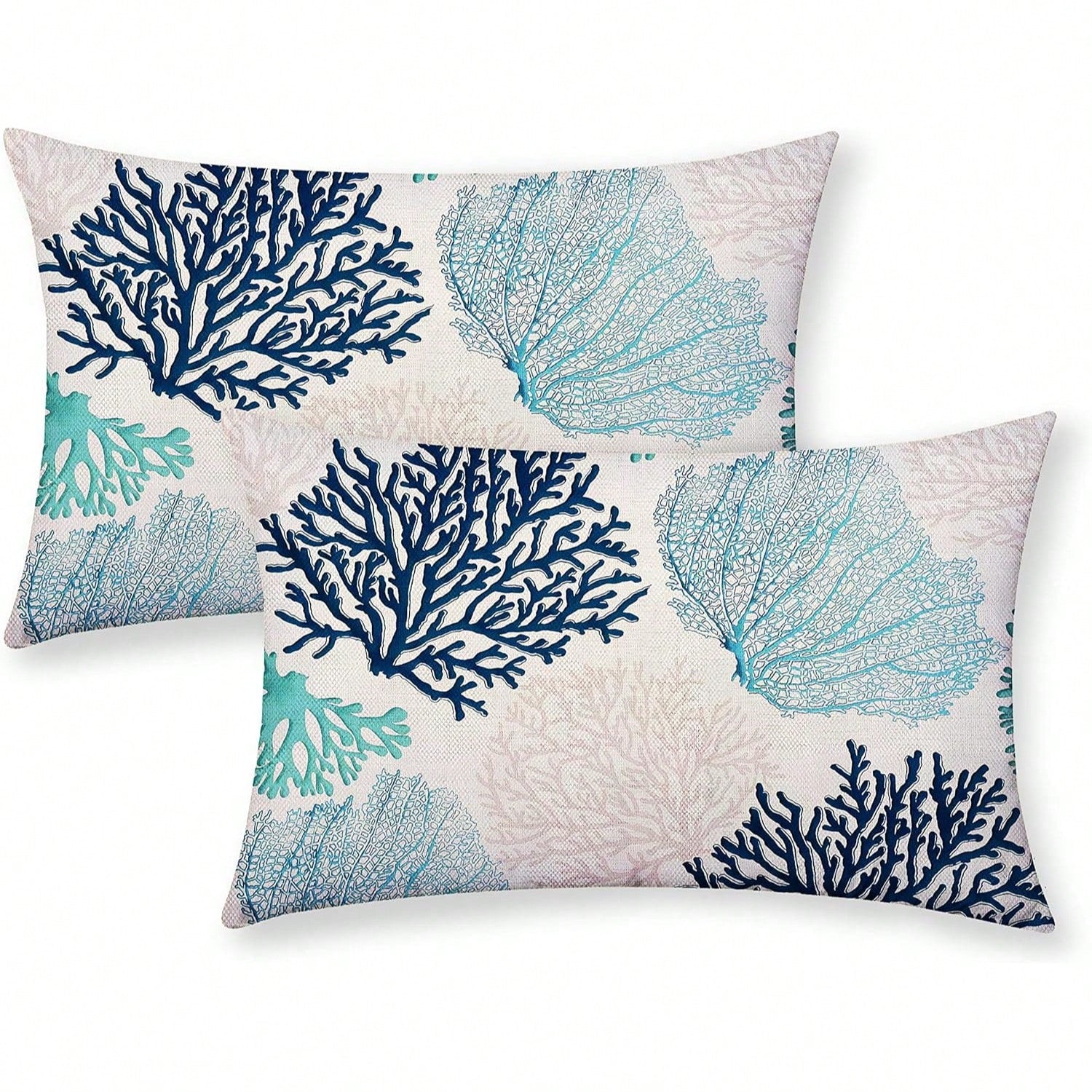 Linen Pillowcase, Coral Branch Ocean Theme Beach Turquoise Navy Blue Nautical Style Summer Cushion Cover, Suitable For Decorating Sofa, Living Room, Bedroom, Outdoor Balcony, Patio, Pillow Insert Not