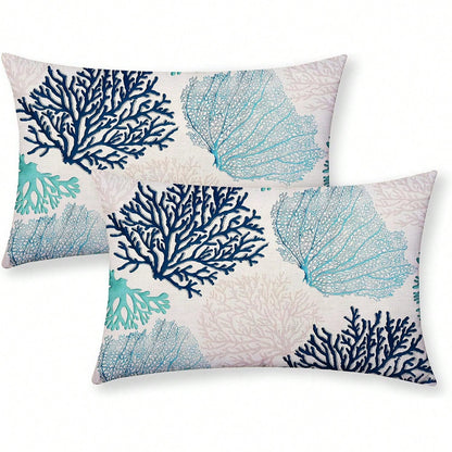 Linen Pillowcase, Coral Branch Ocean Theme Beach Turquoise Navy Blue Nautical Style Summer Cushion Cover, Suitable For Decorating Sofa, Living Room, Bedroom, Outdoor Balcony, Patio, Pillow Insert Not