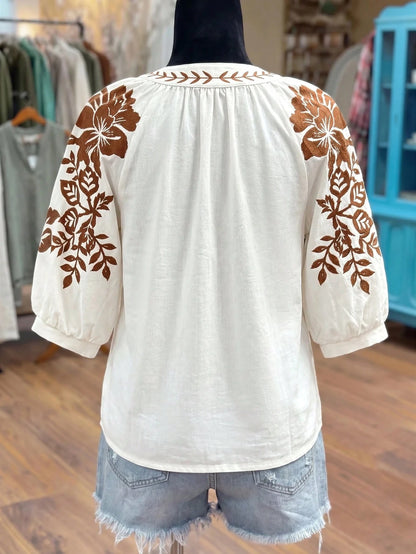 Linhara Fashionable Casual Vacation Retro Elegant Commute 3/4 Sleeve Blue Floral Print Shirt Fall