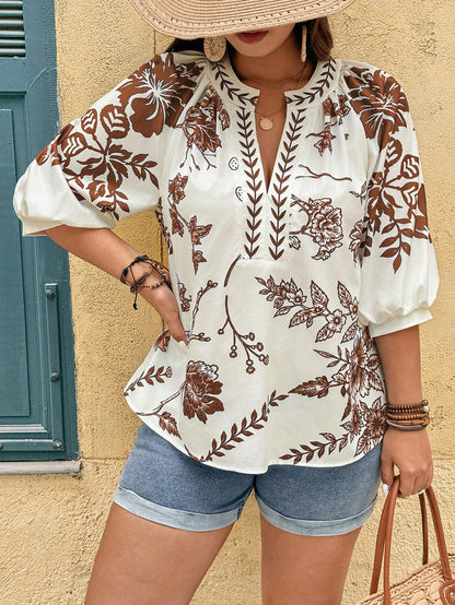 Linhara Fashionable Casual Vacation Retro Elegant Commute 3/4 Sleeve Blue Floral Print Shirt Fall