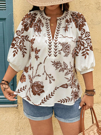 Linhara Fashionable Casual Vacation Retro Elegant Commute 3/4 Sleeve Blue Floral Print Shirt Fall